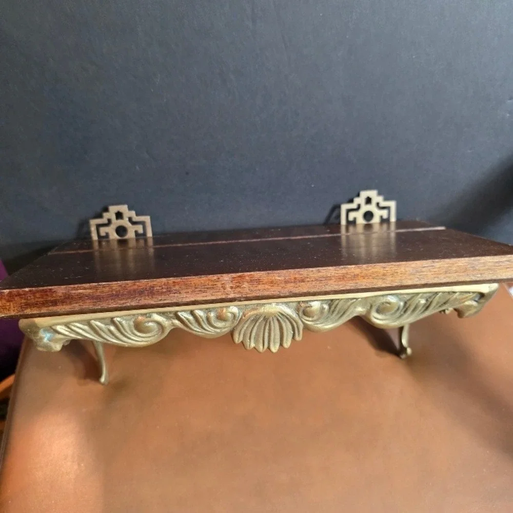 Vintage MCM Brass and Wood Wall Shelf, Ornate Asian Wall Display, Shelving